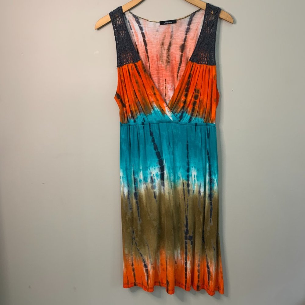 Soprano Fall Orange - Teal - Brown Tie-Die Dress Crotchet Detail Sleeveless - Picture 6 of 6